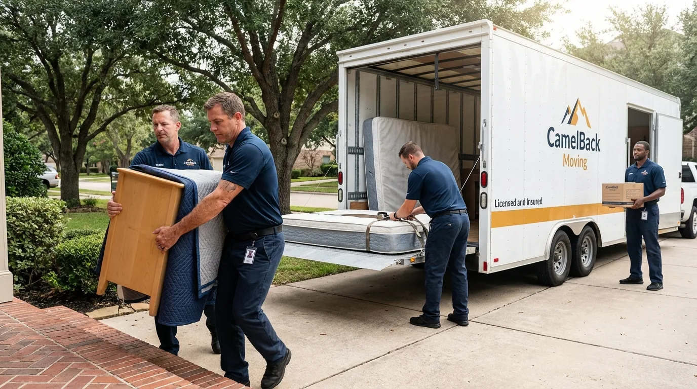 Crew loading residential truck for cross-state move from La Blanca, TX