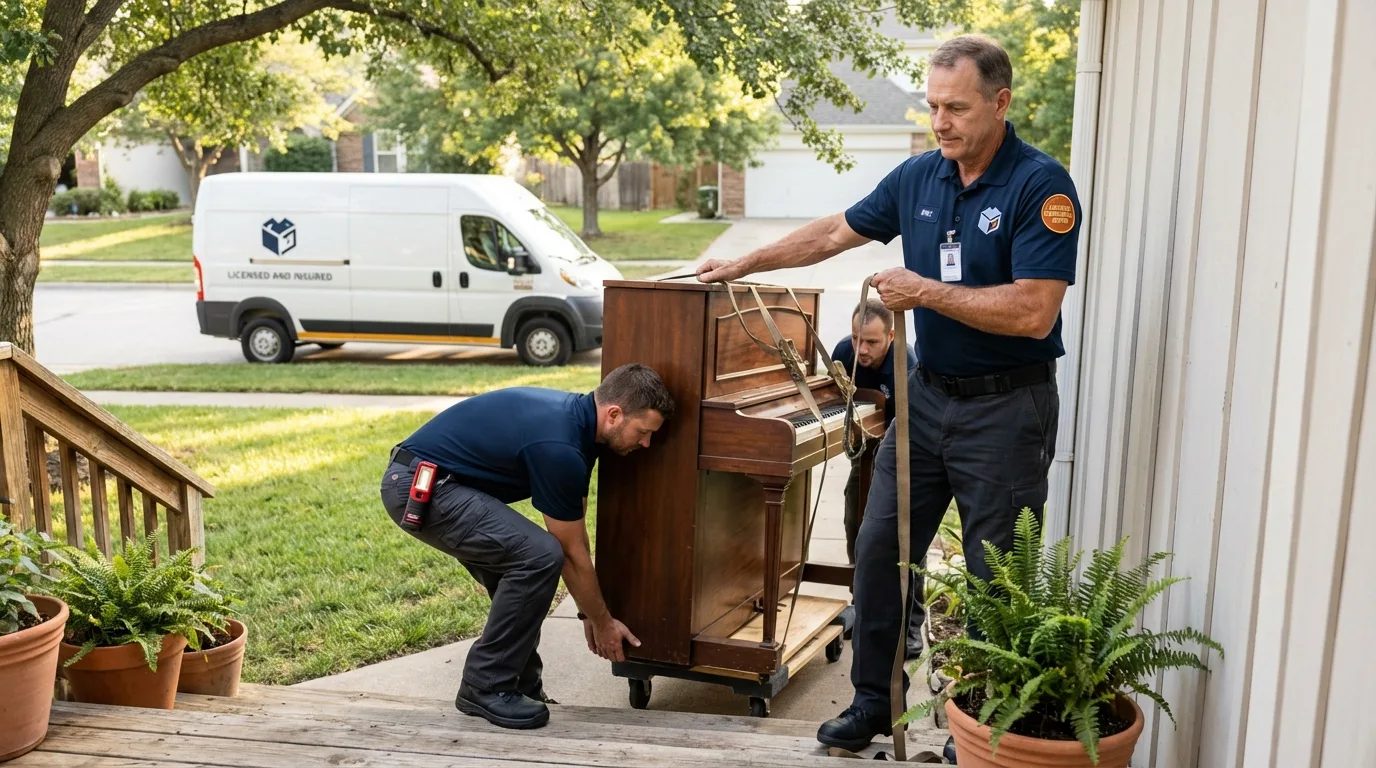 Licensed piano movers securing grand piano in La Blanca, TX