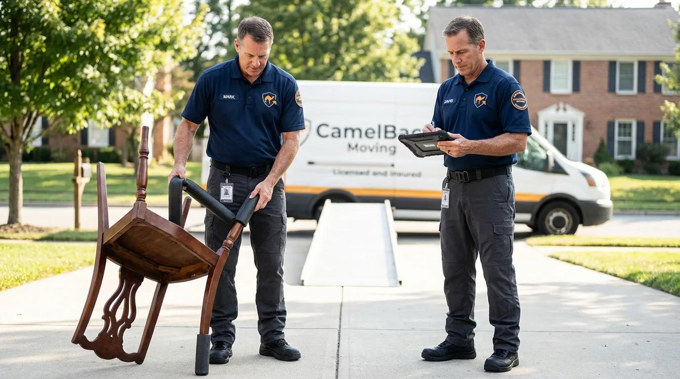 Movers inspecting furniture for damage prevention before loading in La Blanca, TX