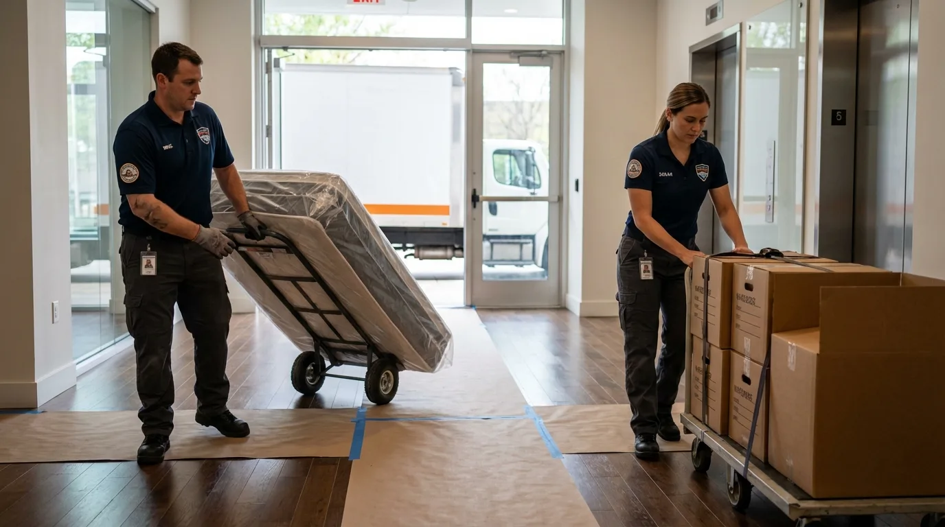 Professional apartment movers loading elevator in La Blanca, TX