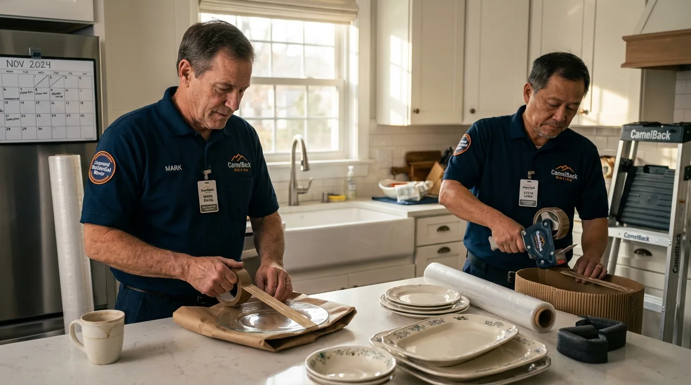 Professional crew packing kitchen dishware in La Blanca, TX